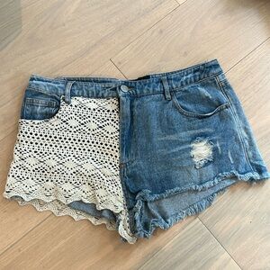 Crochet and denim shorts